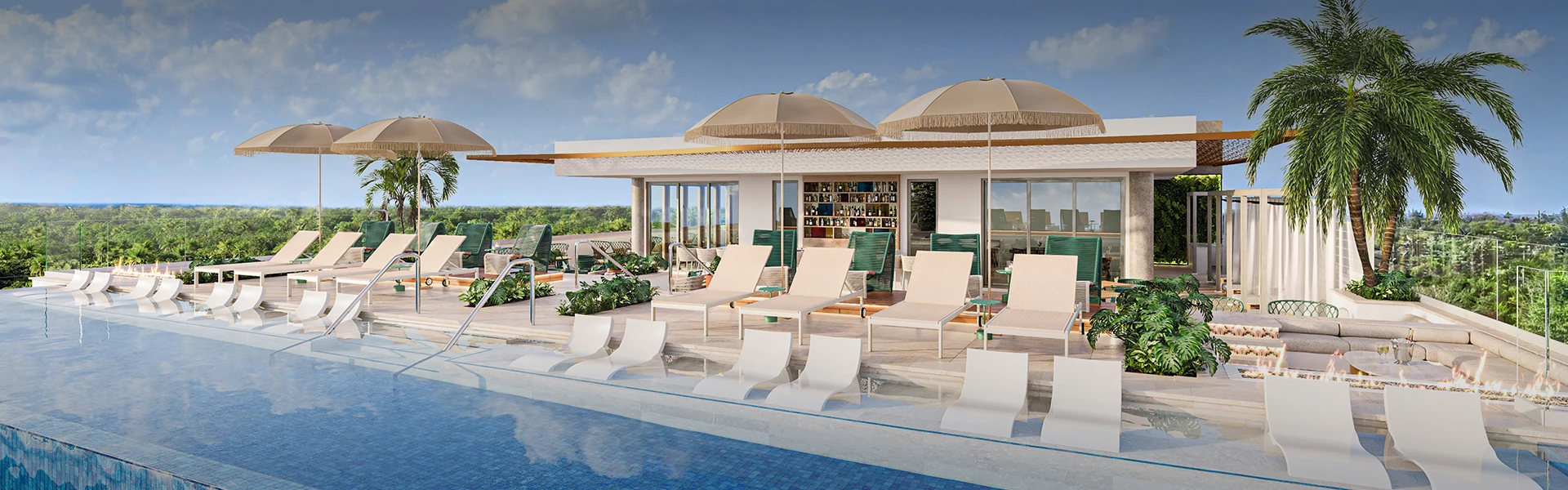 a pool with lounge chairs and umbrellas