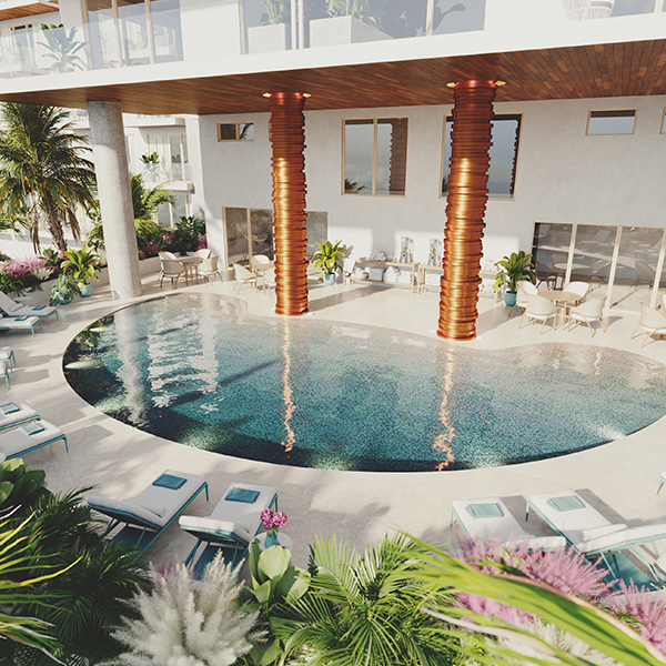 a pool in a hotel