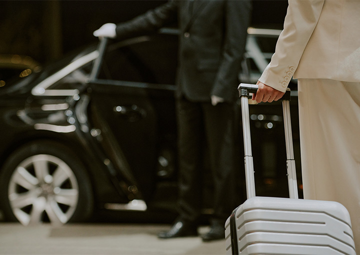 a person holding a luggage bag