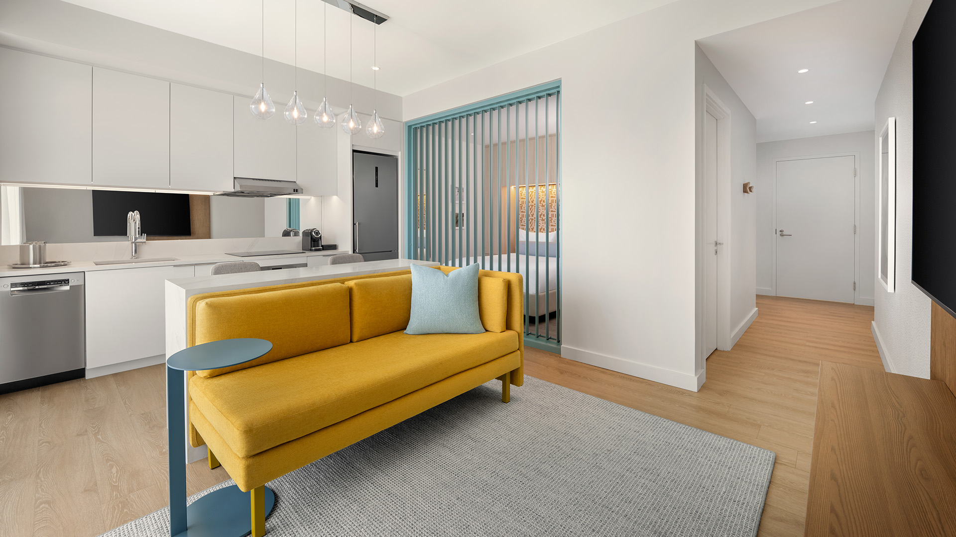 a yellow couch in a room