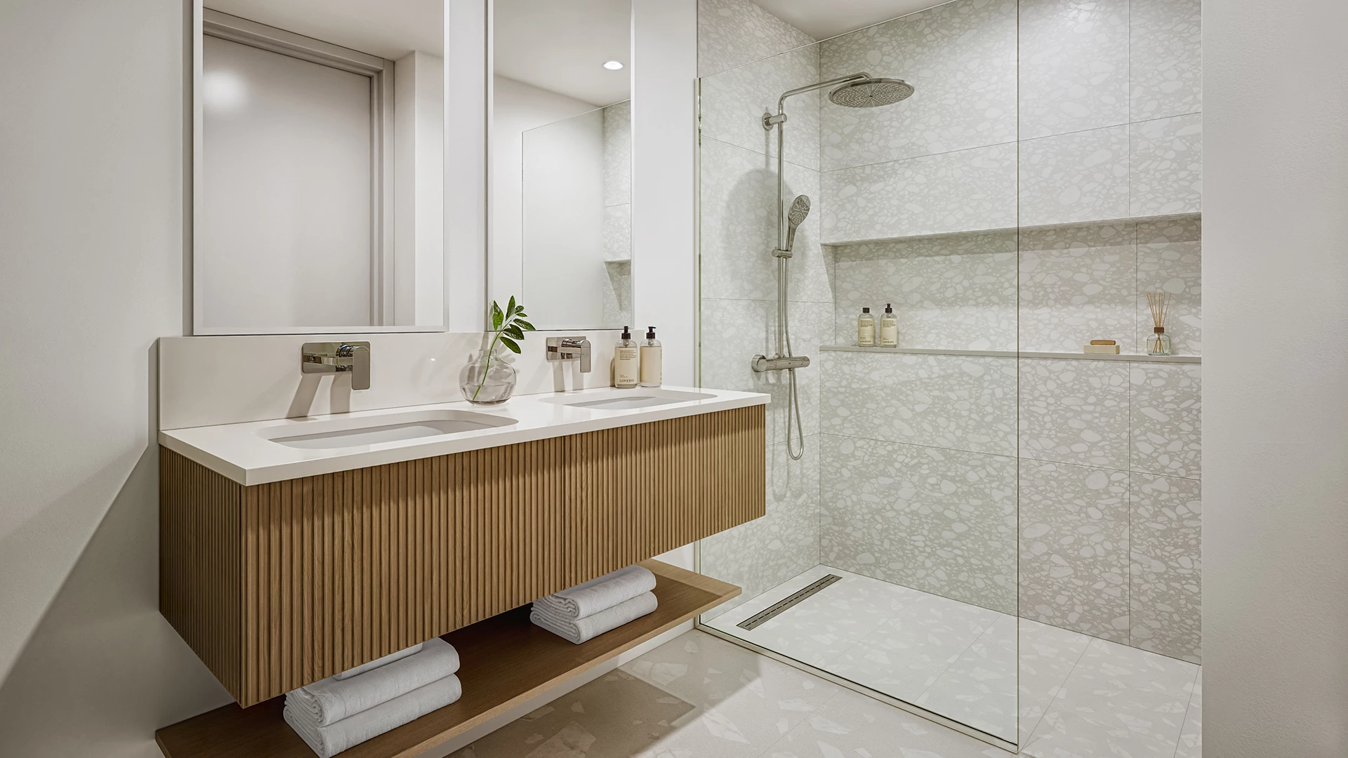 a bathroom with a shower and sink