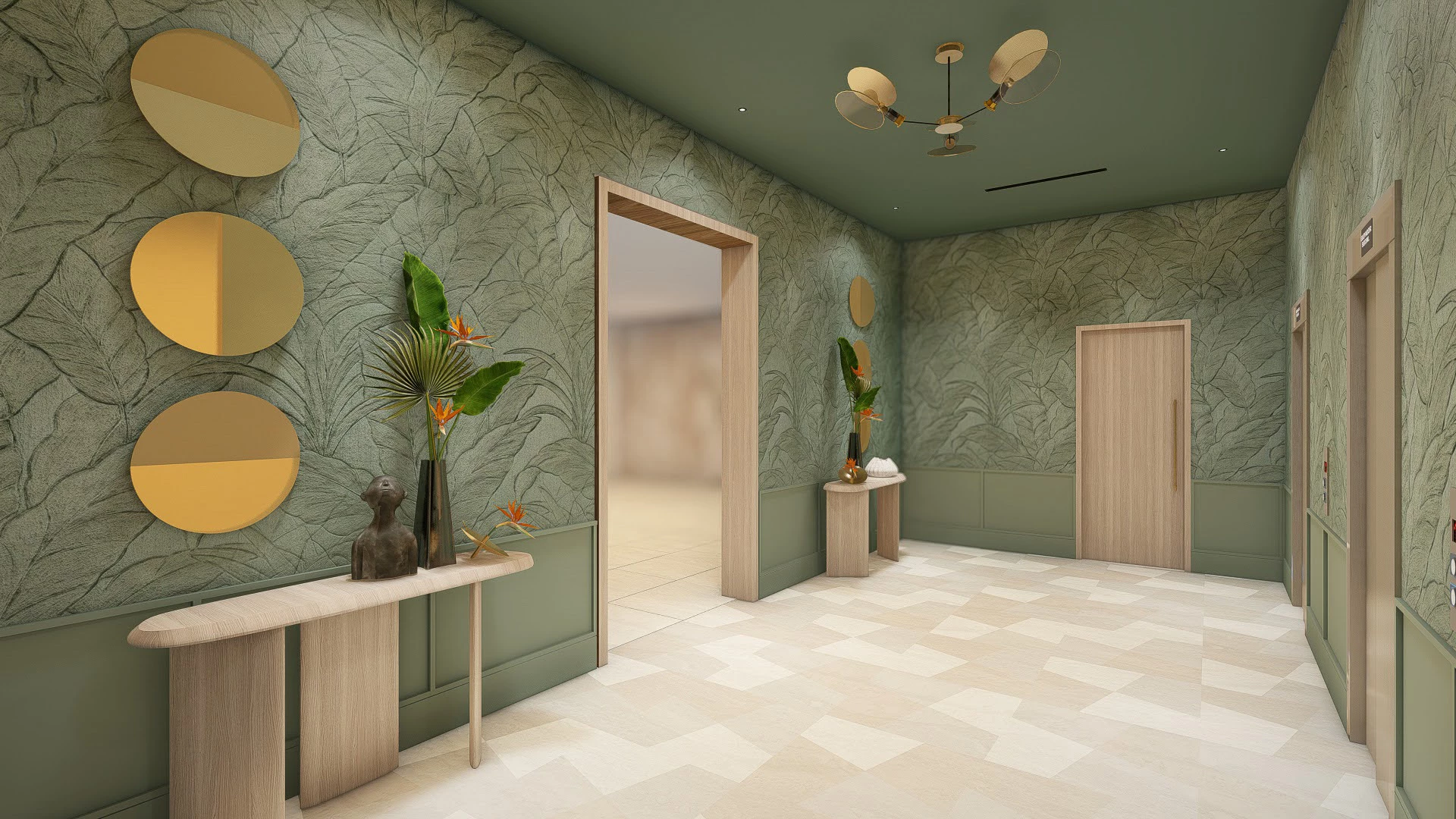 a room with a door and a vase of flowers