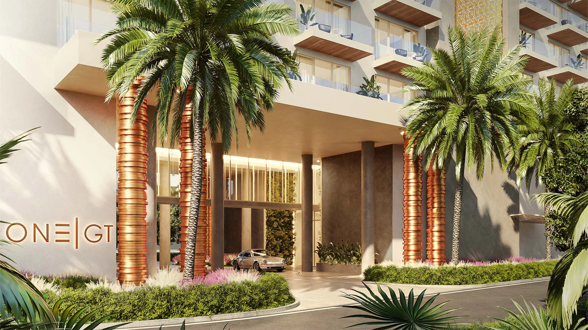 a building with palm trees and a car parked in front of it