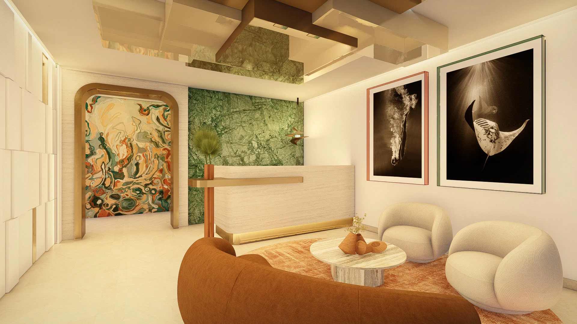 a room with a couch and a table