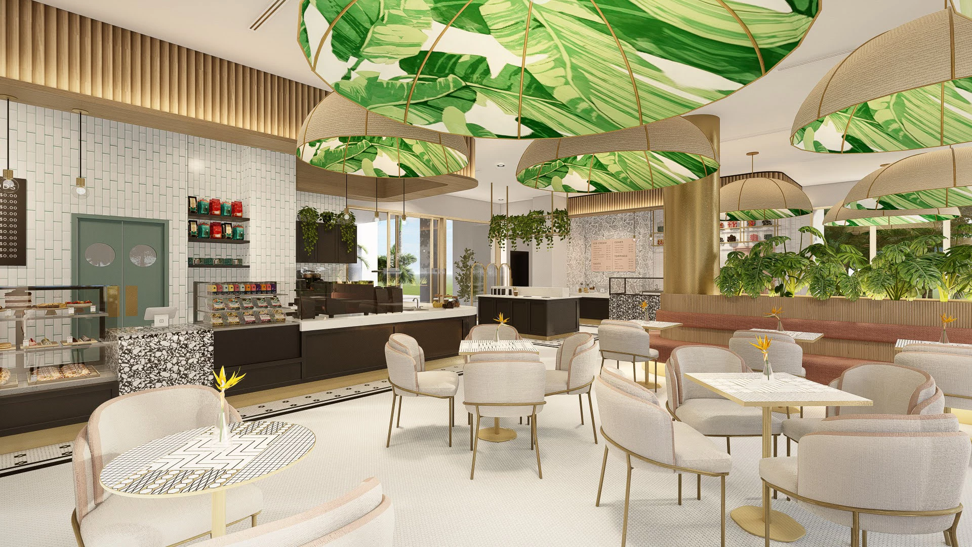 a restaurant with tables and chairs