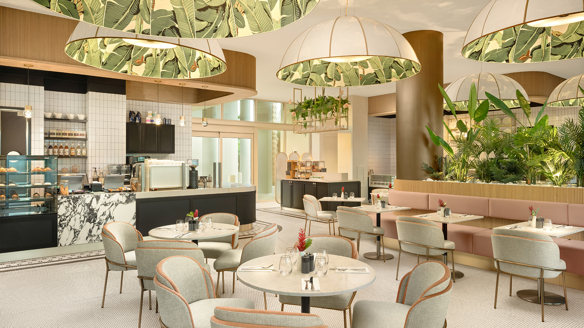 a restaurant with tables and chairs