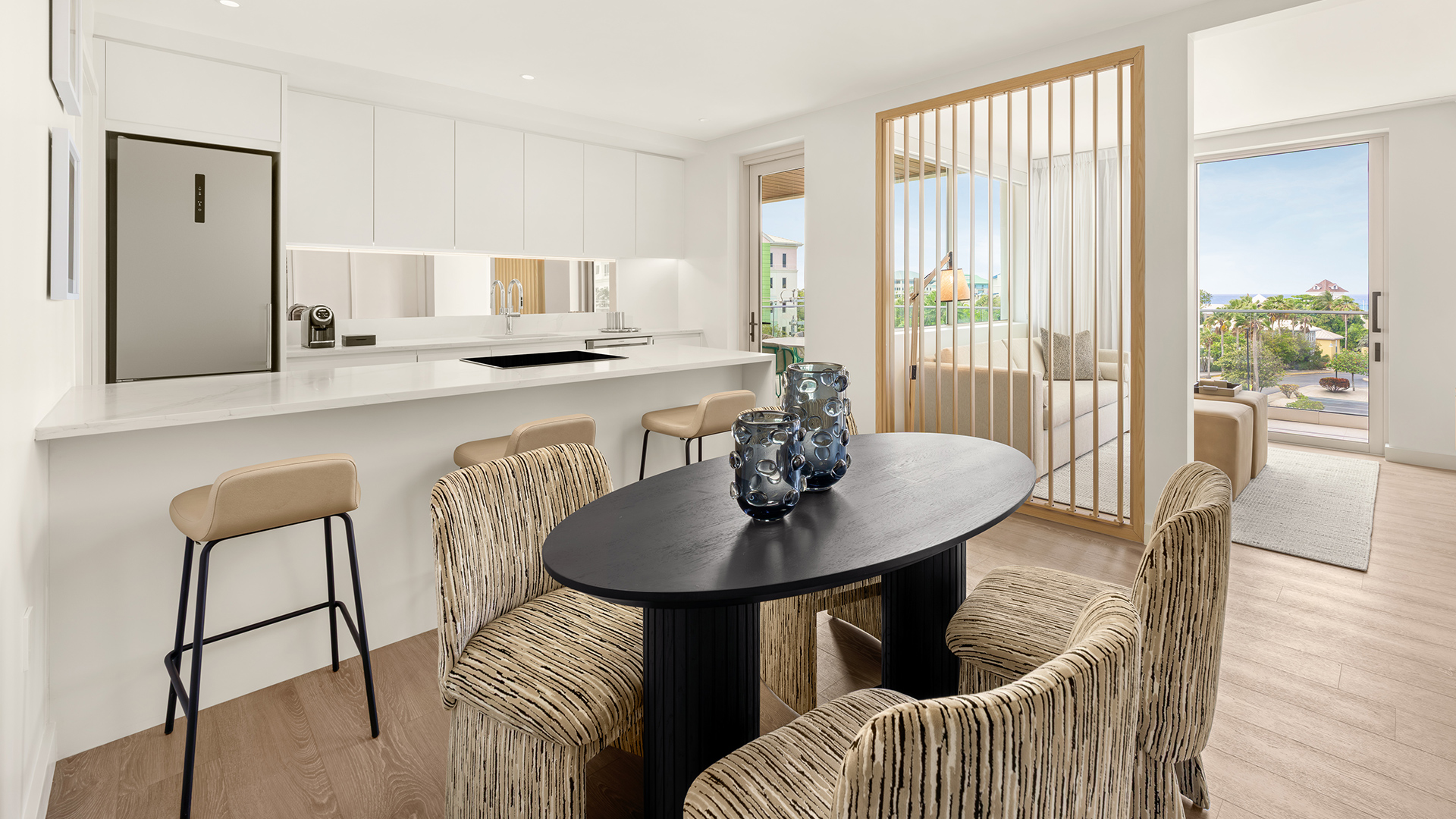 a room with a table and chairs