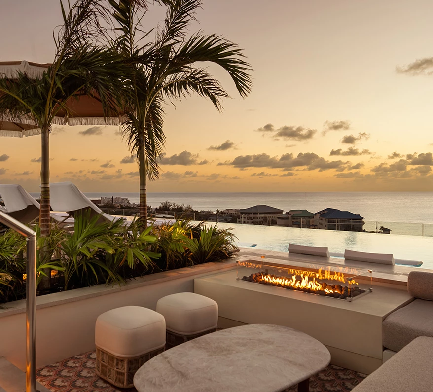 a fire pit with a palm tree and a beach in the background