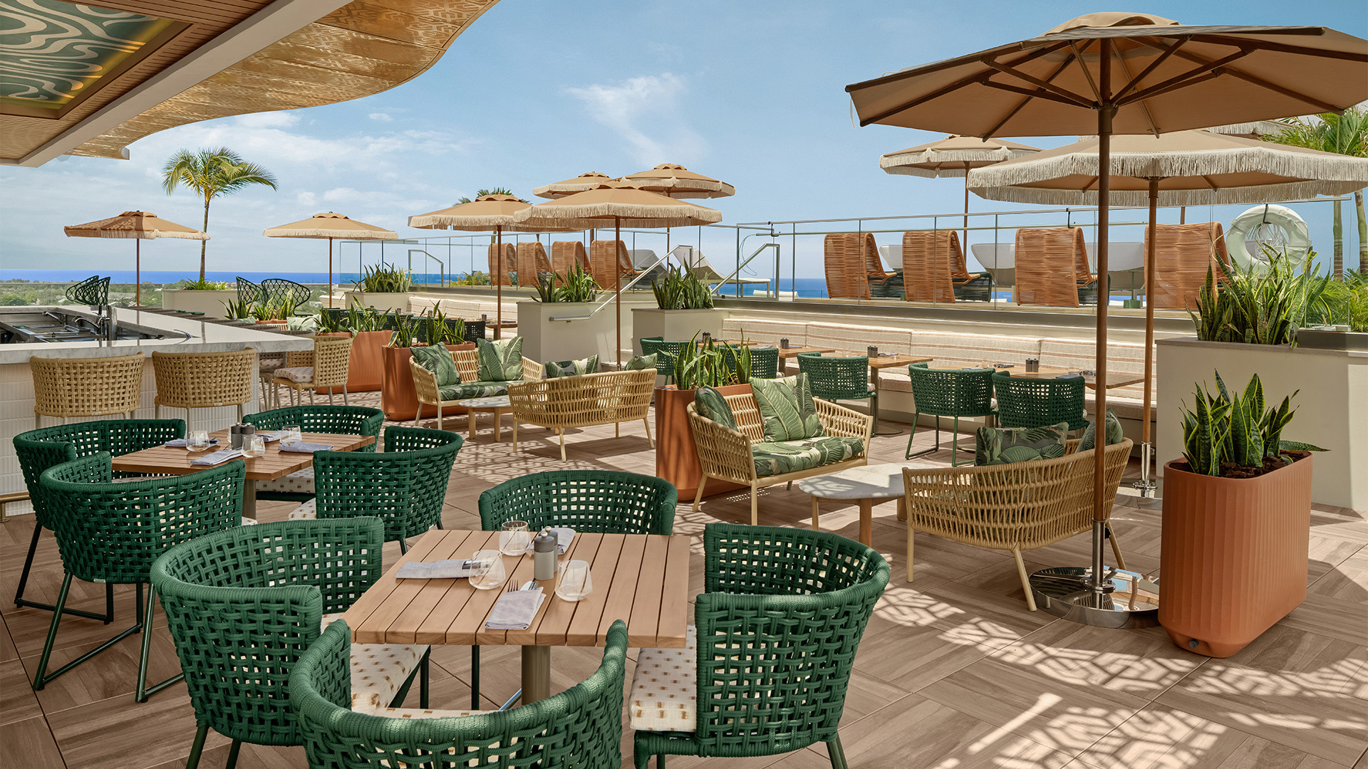 a patio with chairs and tables