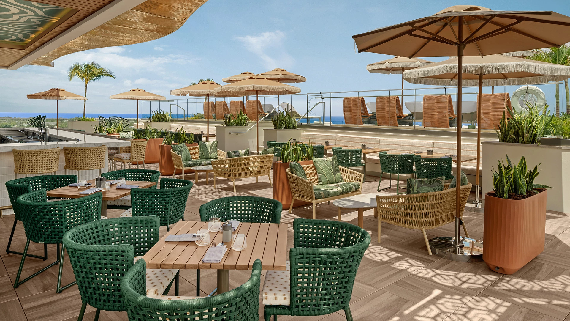 a patio with chairs and tables