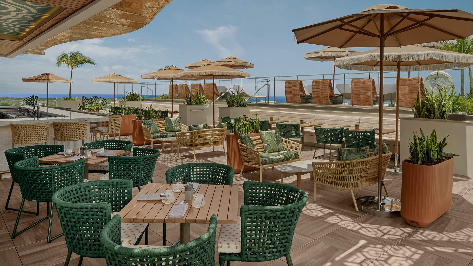 a patio with chairs and tables