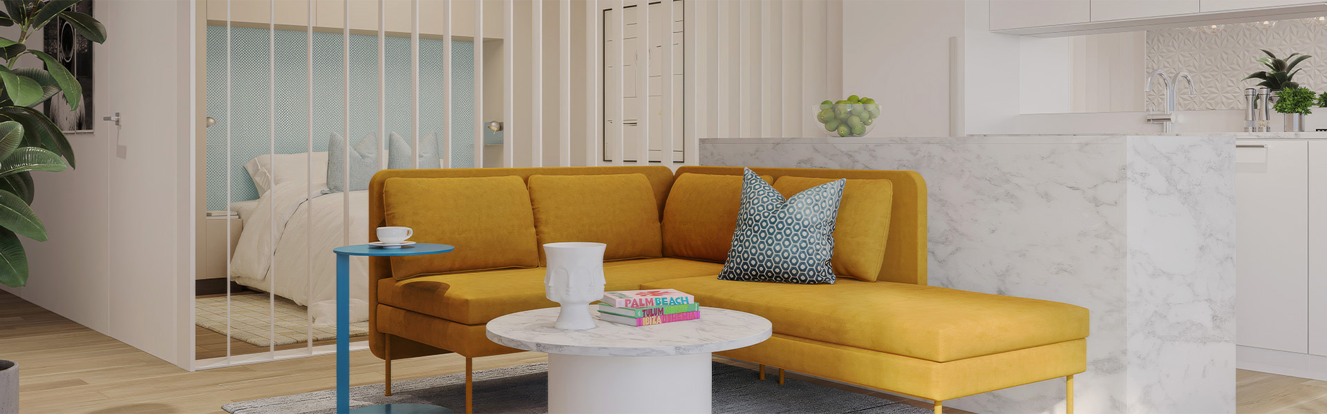 a yellow couch with pillows and a white coffee table
