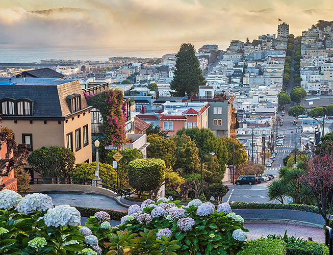 A cityscape with a view of a neighborhood and a body of water in the distance.