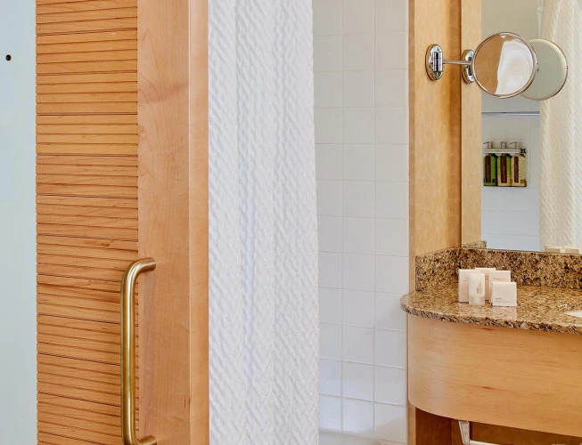 Junior suite bathroom with wooden accents