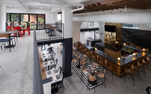 a room with tables and chairs