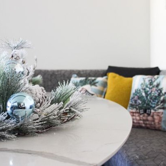 a table with a wreath on it