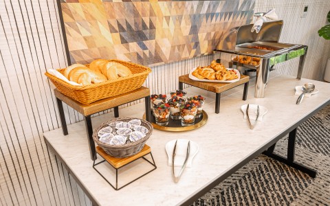 a buffet table with food on it