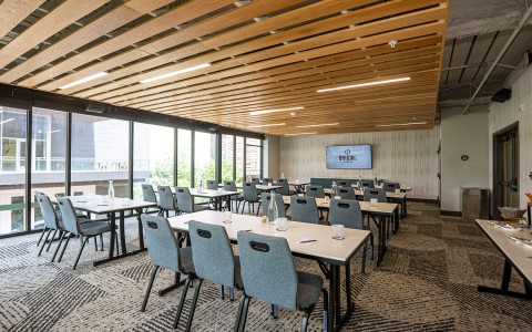 a room with tables and chairs
