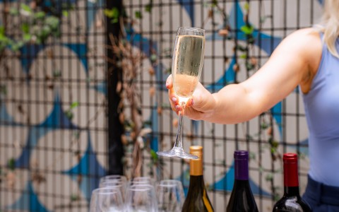 a hand holding a glass of champagne
