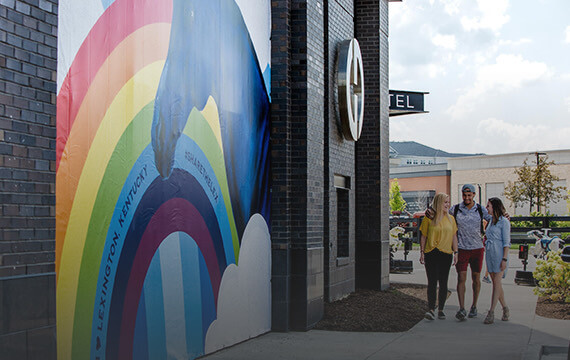 mural on the side of the hotel of a rainbow and a horse