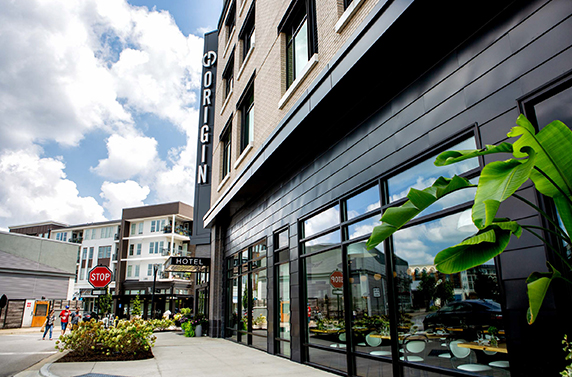 a building with windows and a sign