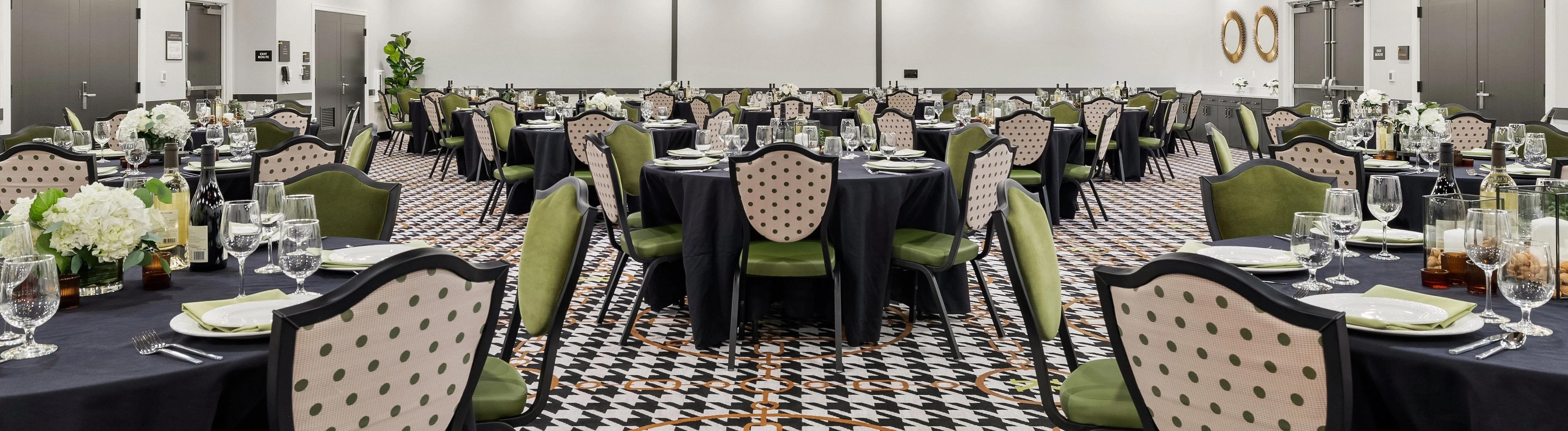 a group of tables set up in a room