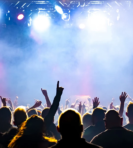 a crowd of people with their hands up in the air