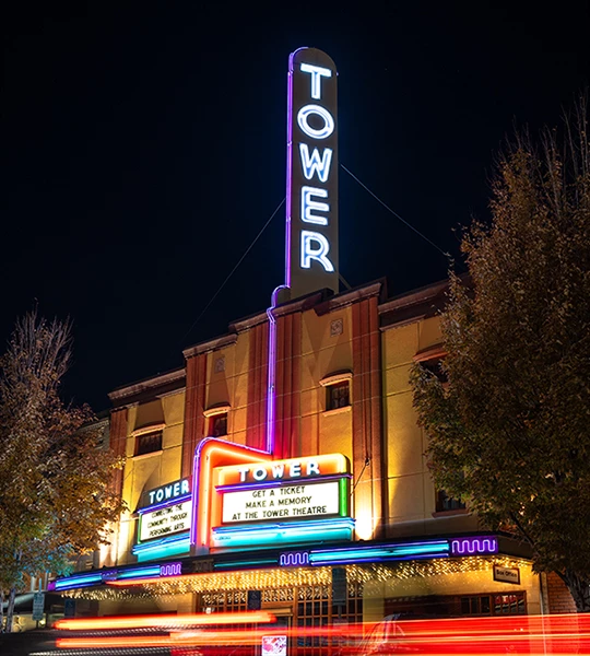 Tower Theatre with a sign on top