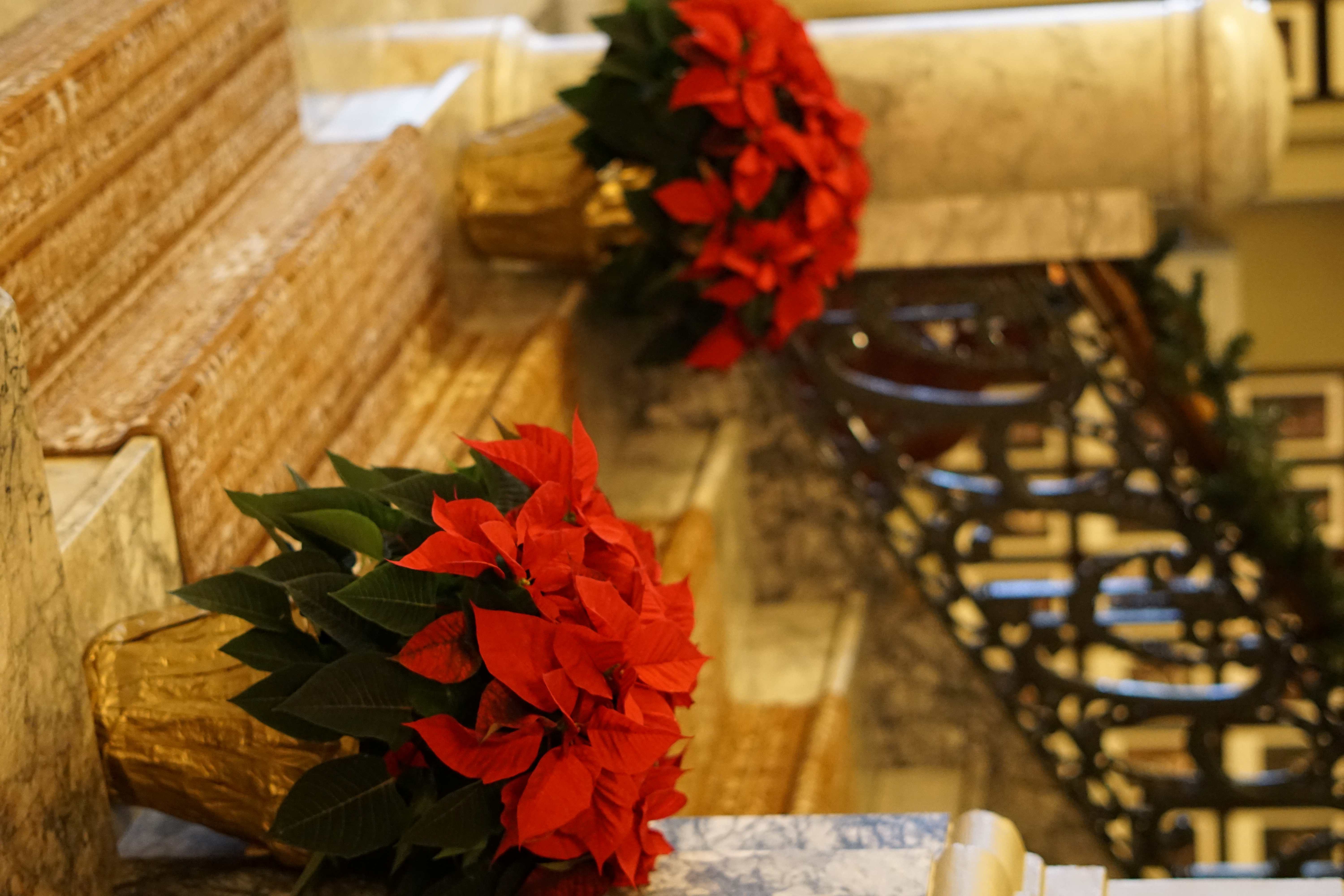 Christmas holiday flowers on the arctic club hotel staircase in downtown seattle