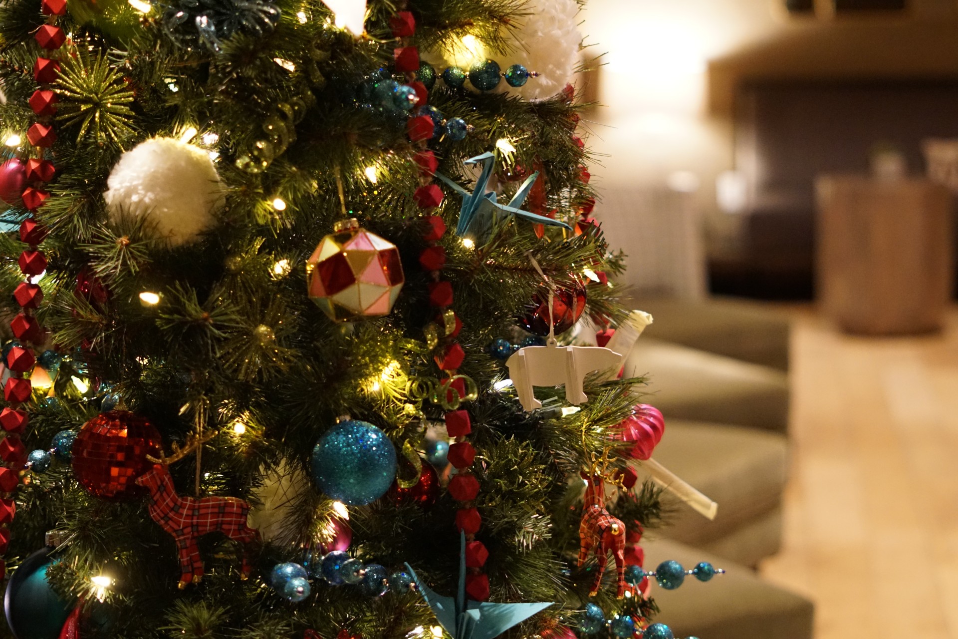 a christmas tree with ornaments at the oxford hotel in downtown bend