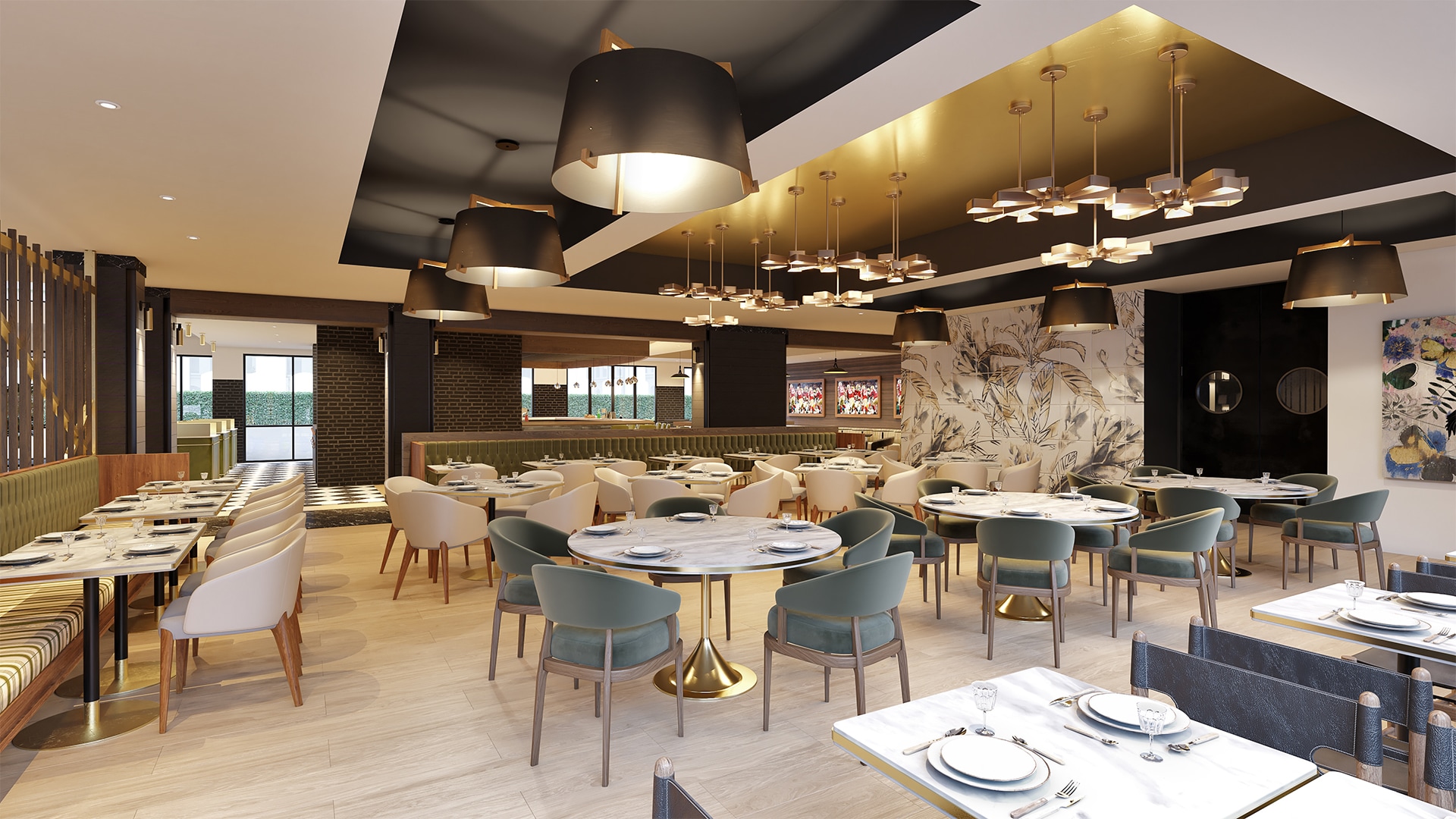 a restaurant with tables and chairs