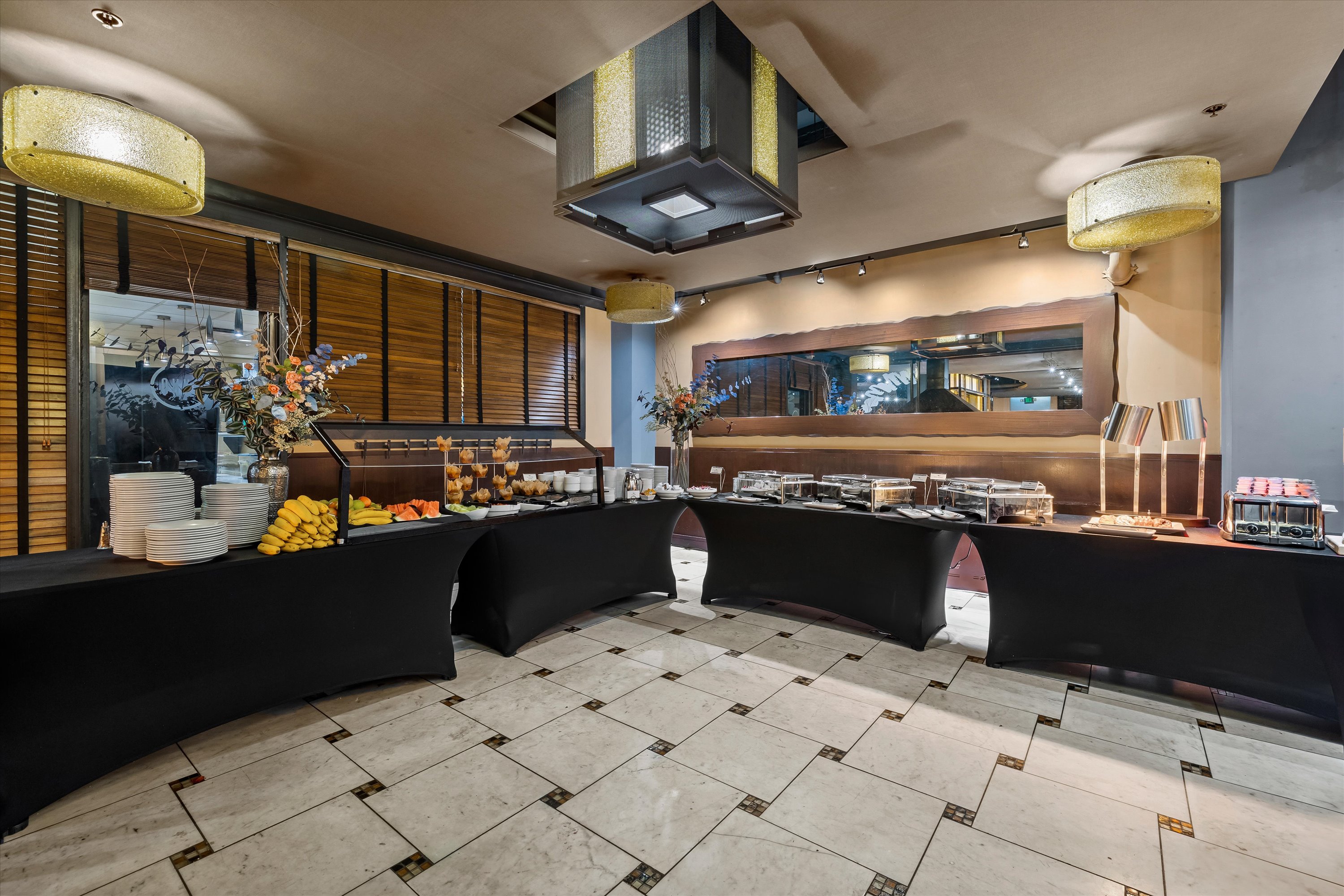 a buffet table with food on it