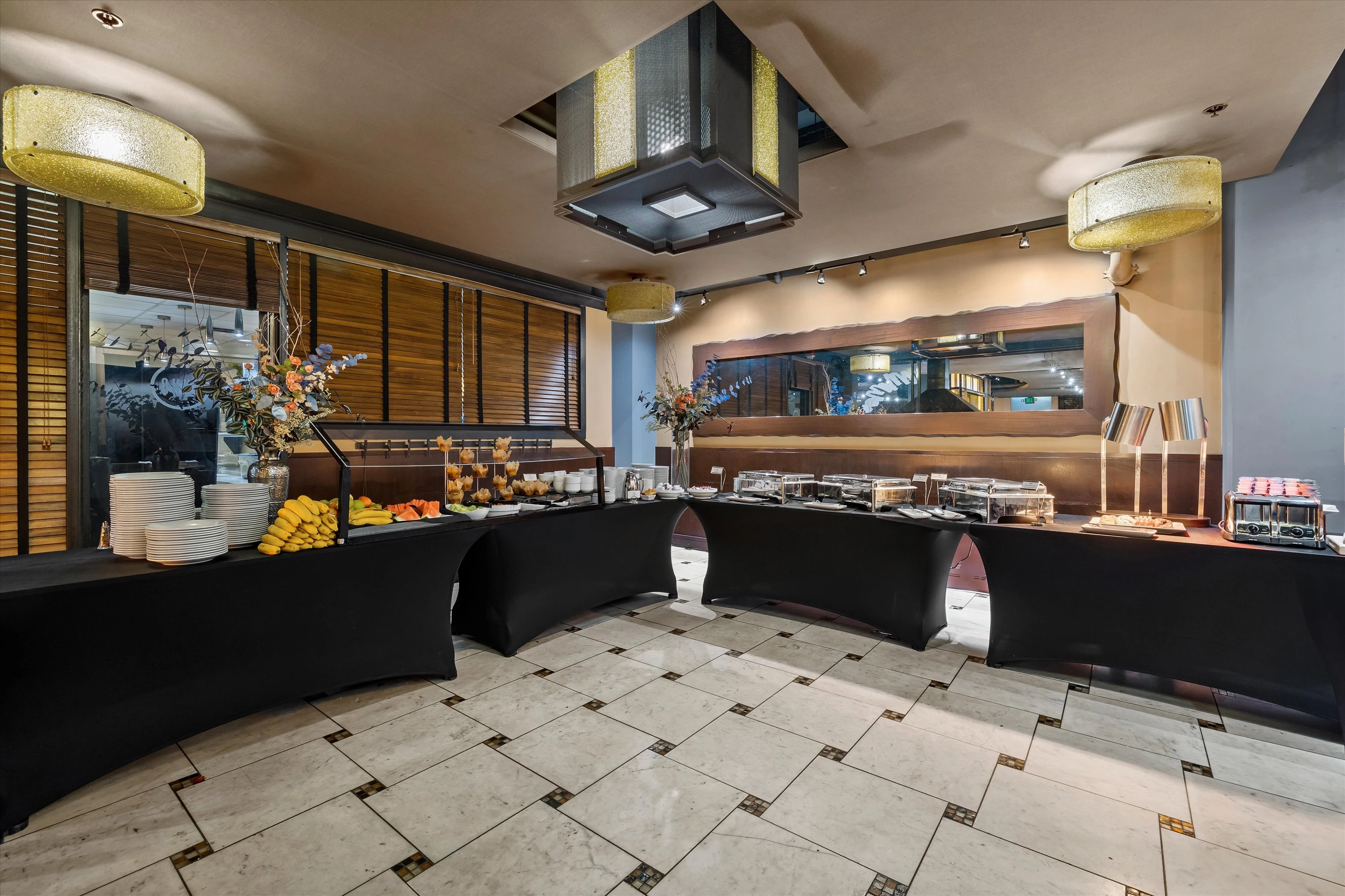 a buffet table with food on it