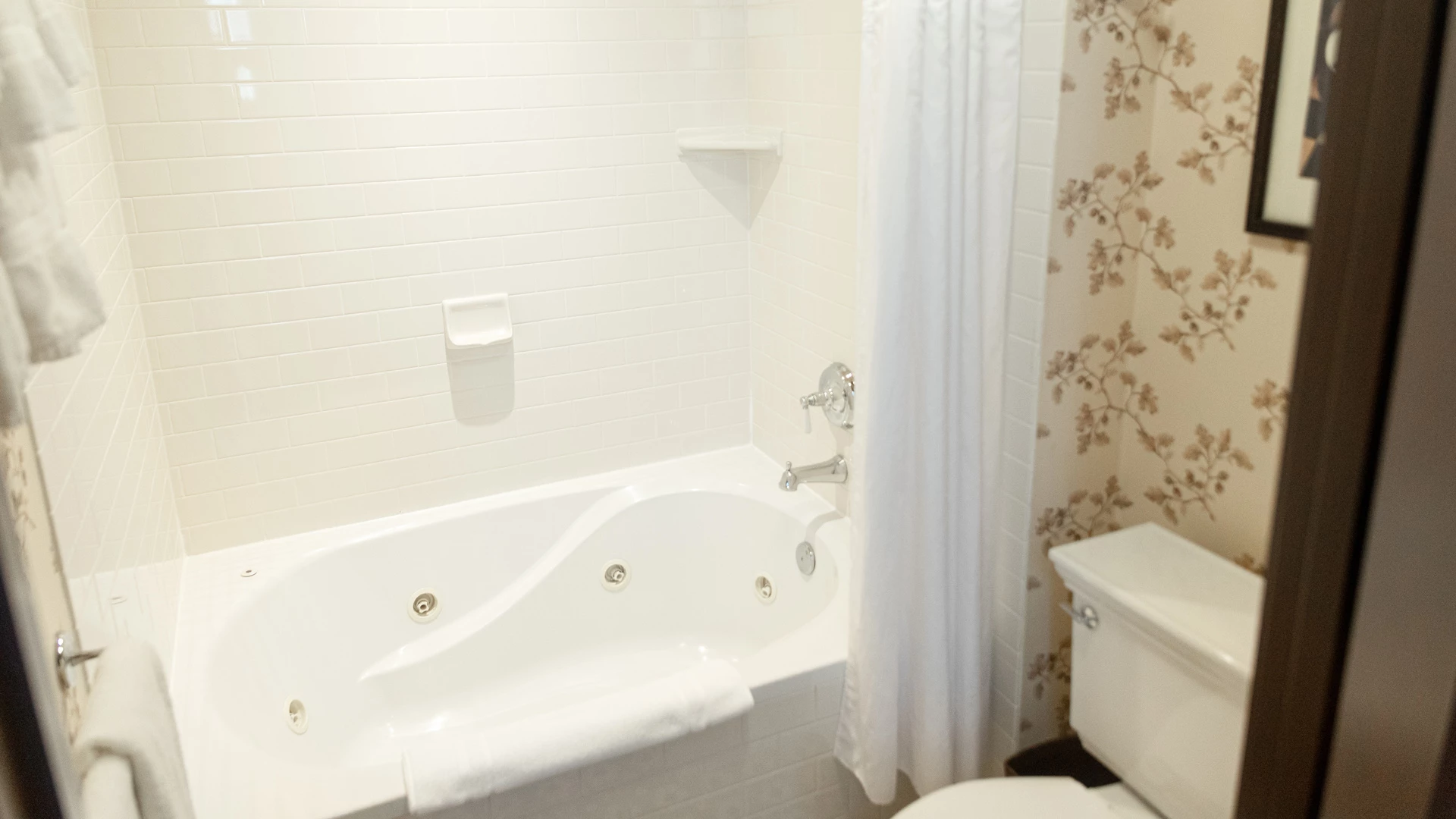 A bathroom with a large white tub, toilet, and shower curtain.