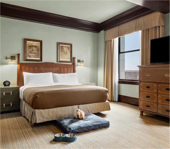 a bedroom with a bed and a tv