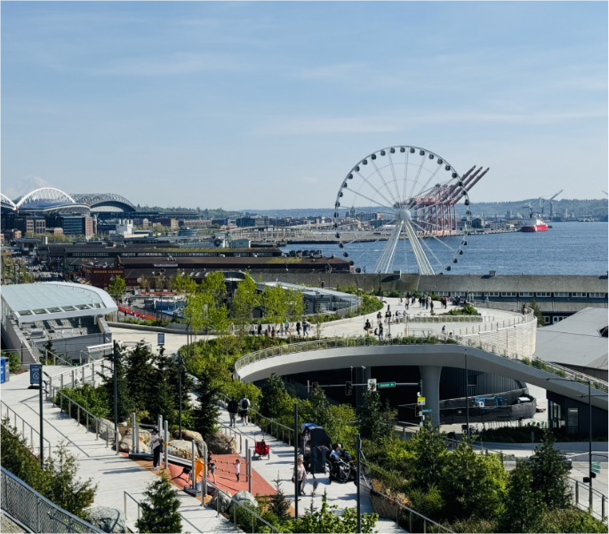 a ferris wheel in the background