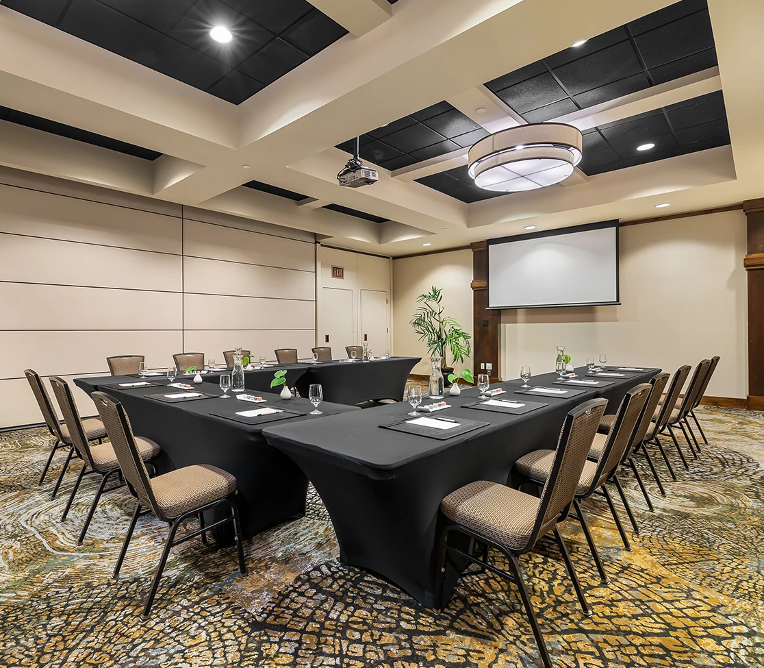 a room with a large table and chairs