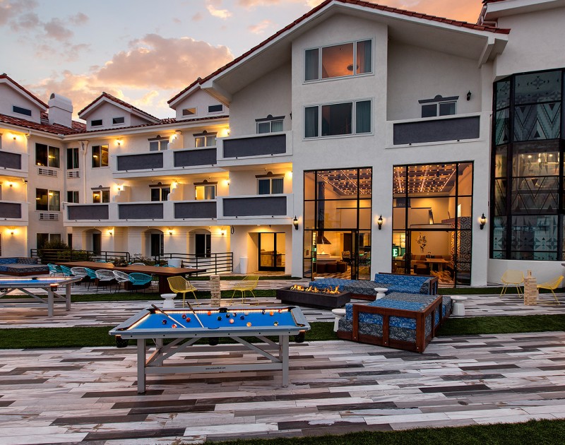 a pool table outside of a building