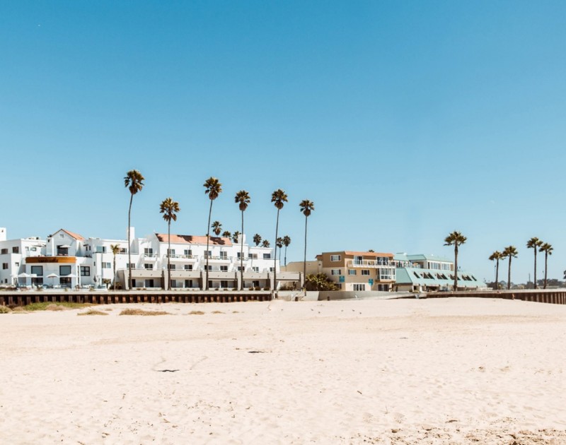 a beach with palm trees and buildings