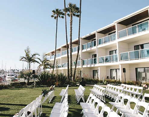 a building with many chairs outside