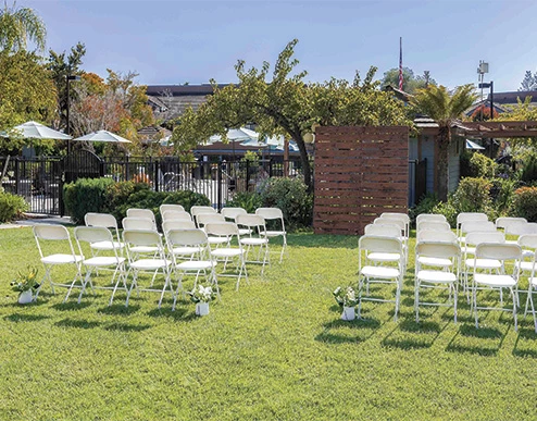 a group of white chairs in a yard