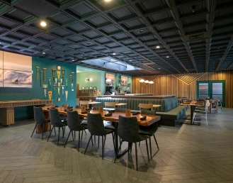 a room with tables and chairs