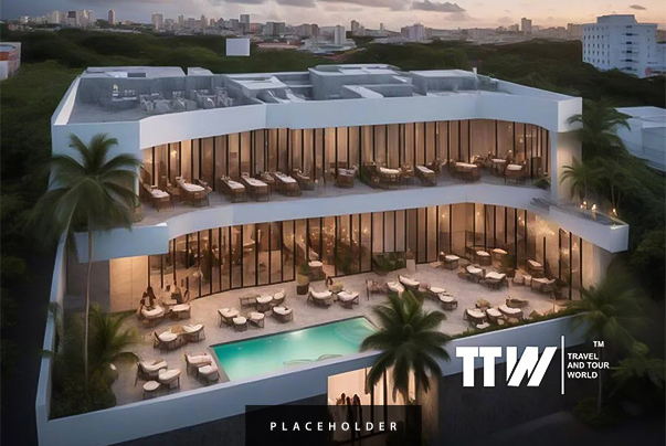 a building with a pool and tables