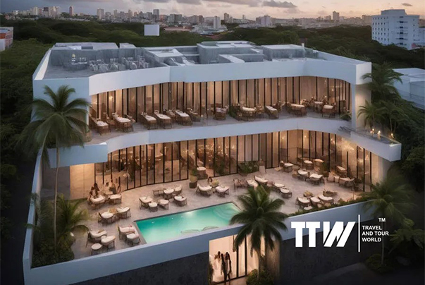 a building with a pool and people walking by