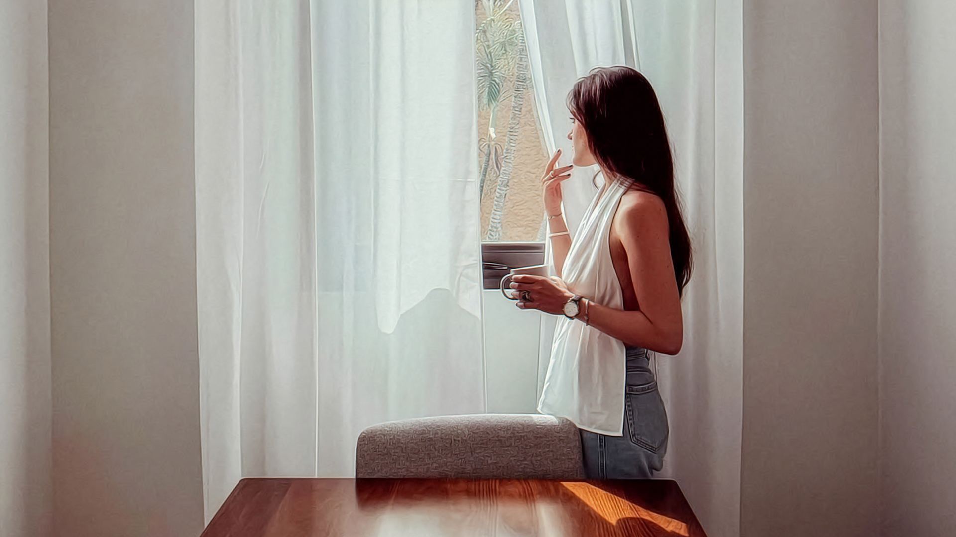 a woman smoking a cigarette and holding a cup