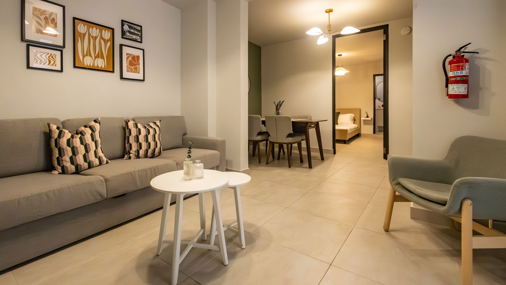 a living room with a couch and table