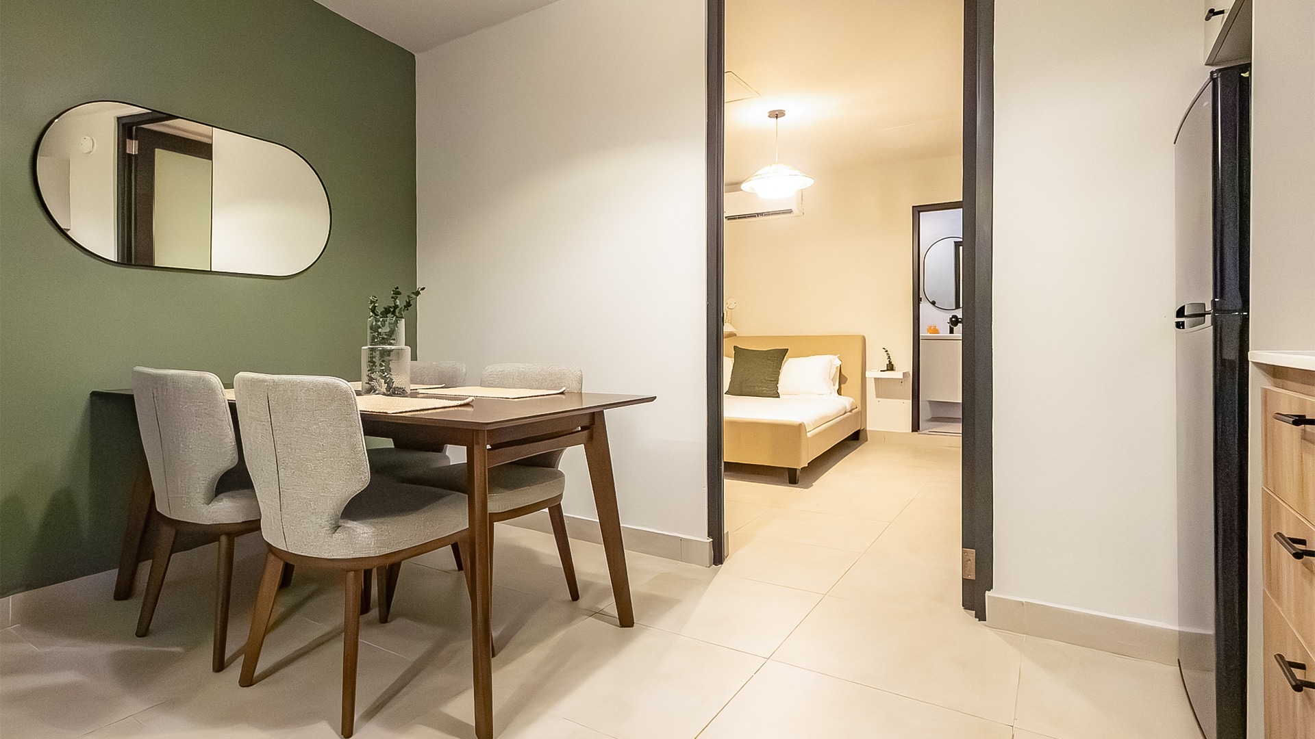 a room with a table and chairs