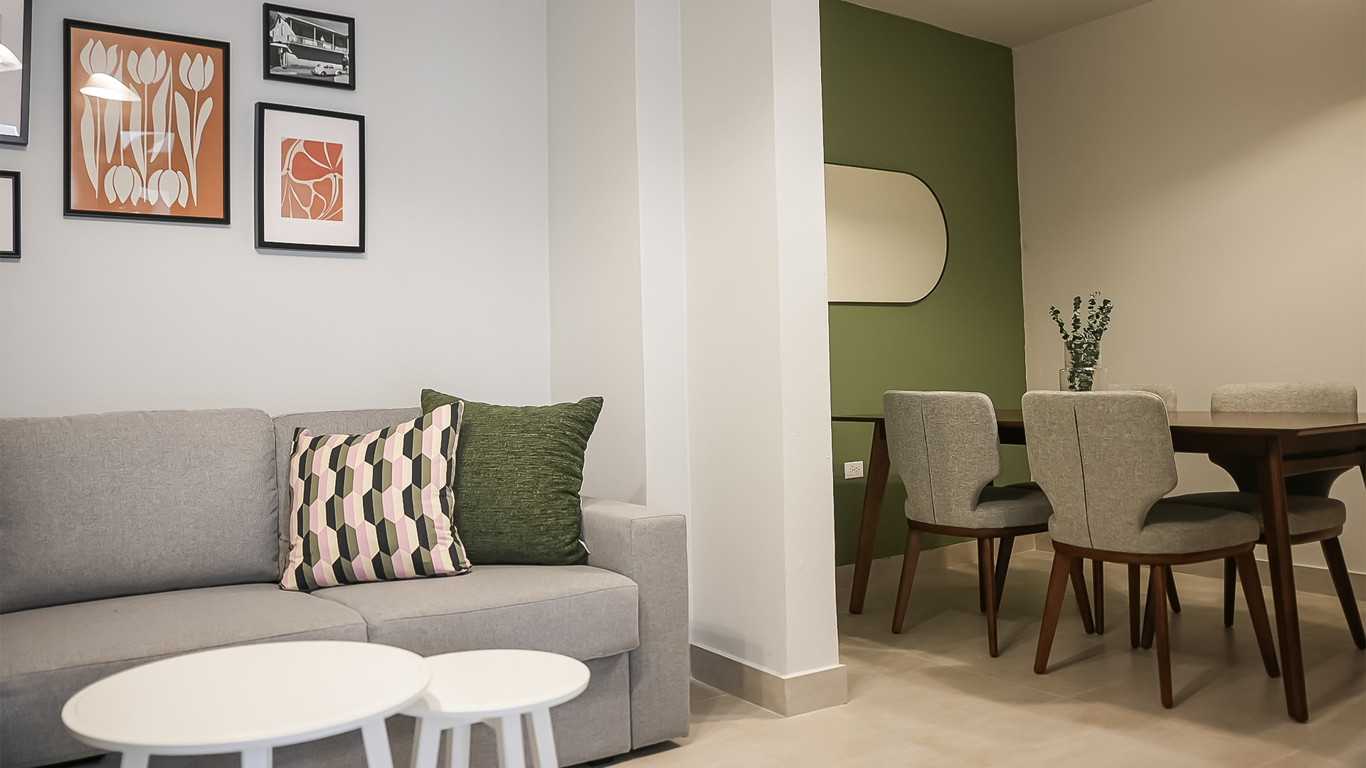 a living room with a couch and a table