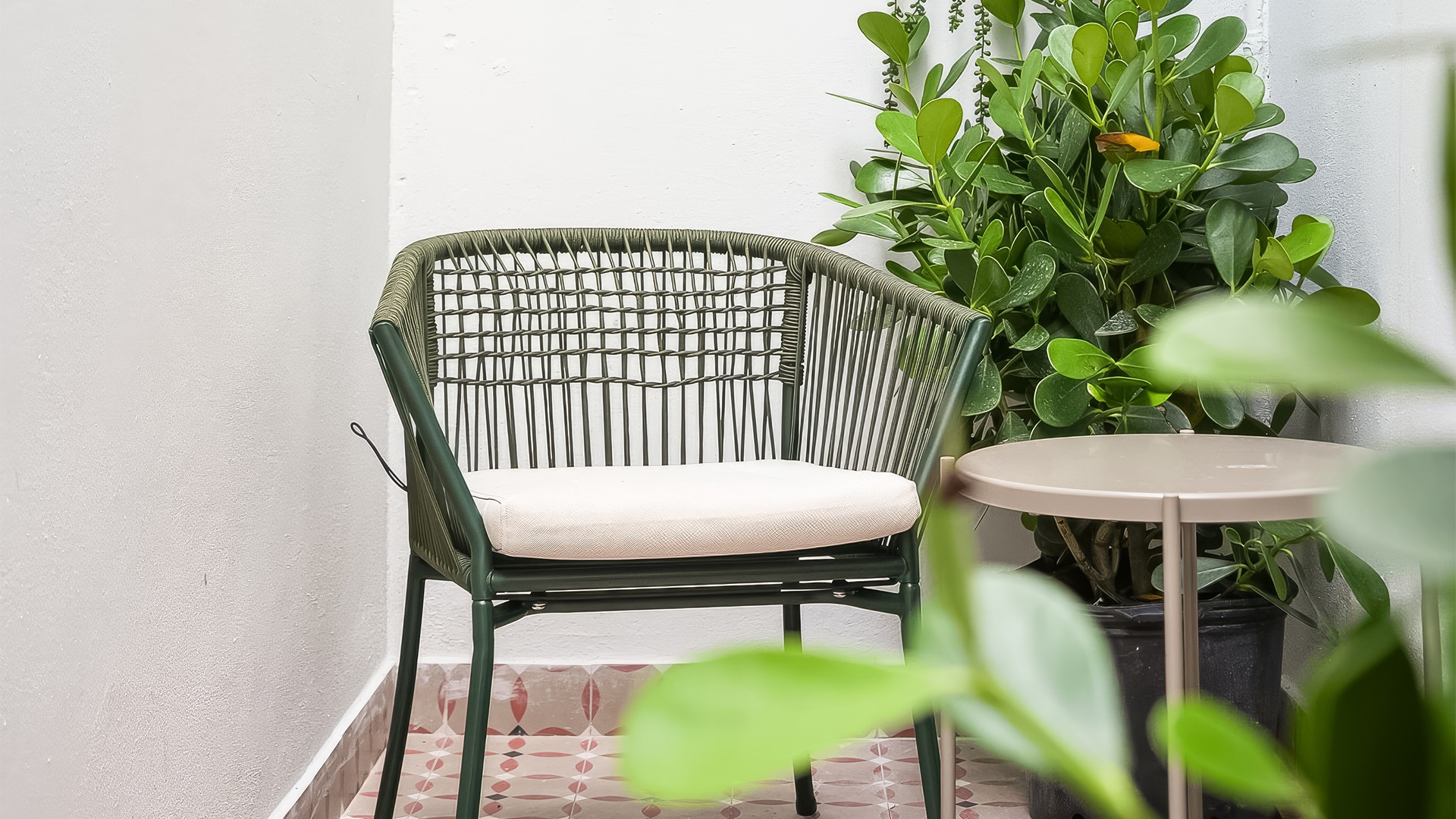 a chair and a table in front of a plant