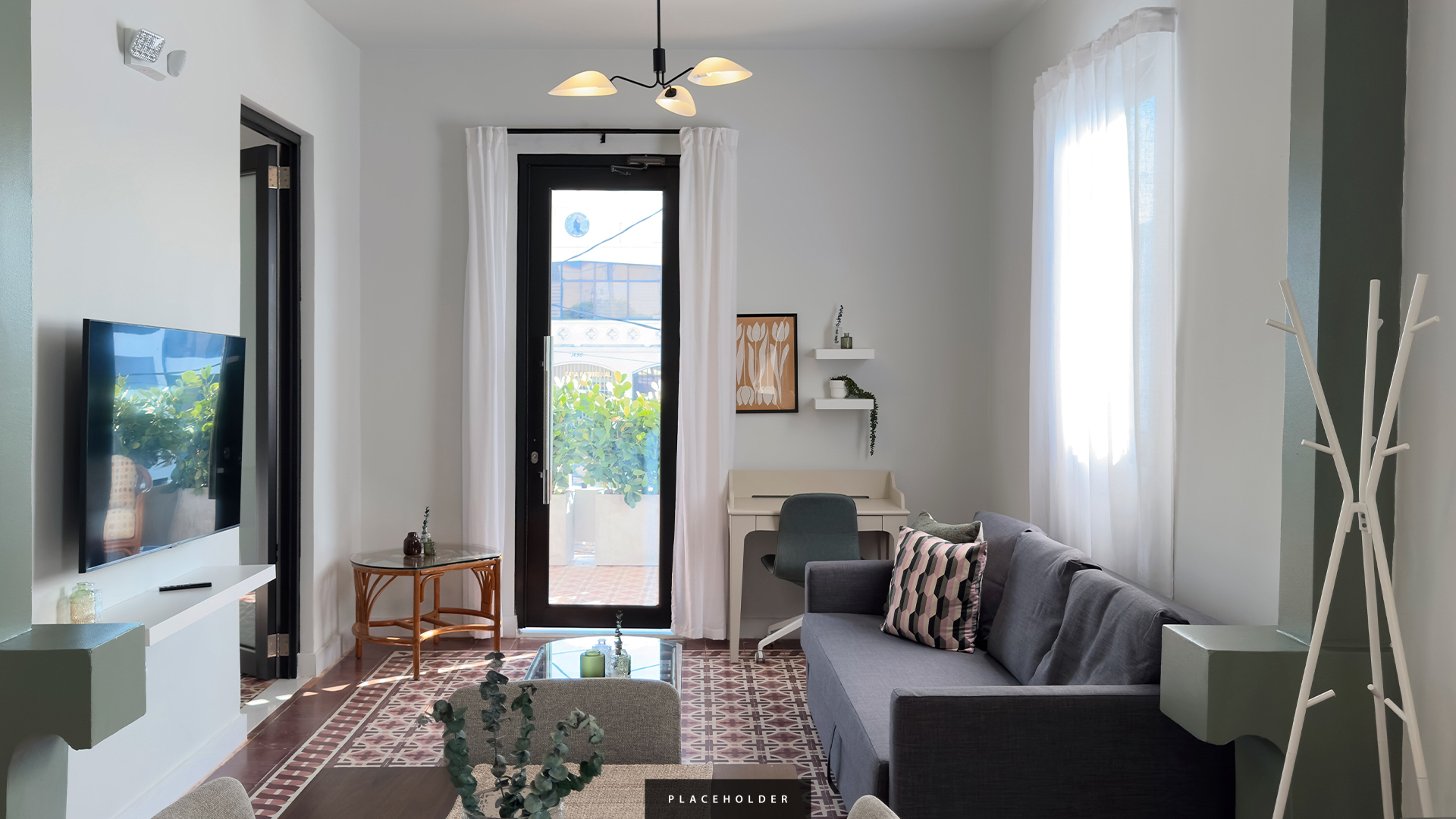 a Bright living room with balcony door